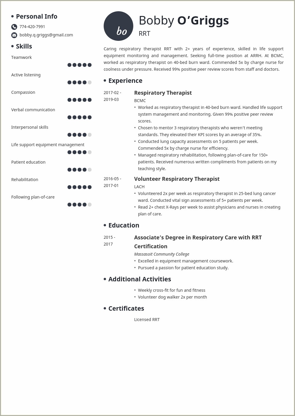 Sample Resume Registered Respiratory Therapist Objective Examples