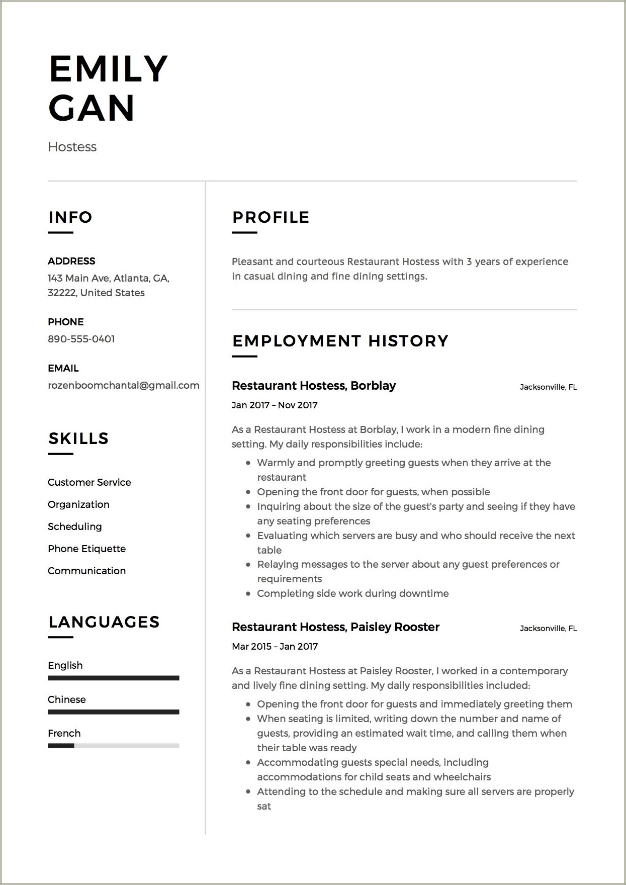 Sample Resume Restaurant Hostess No Experience