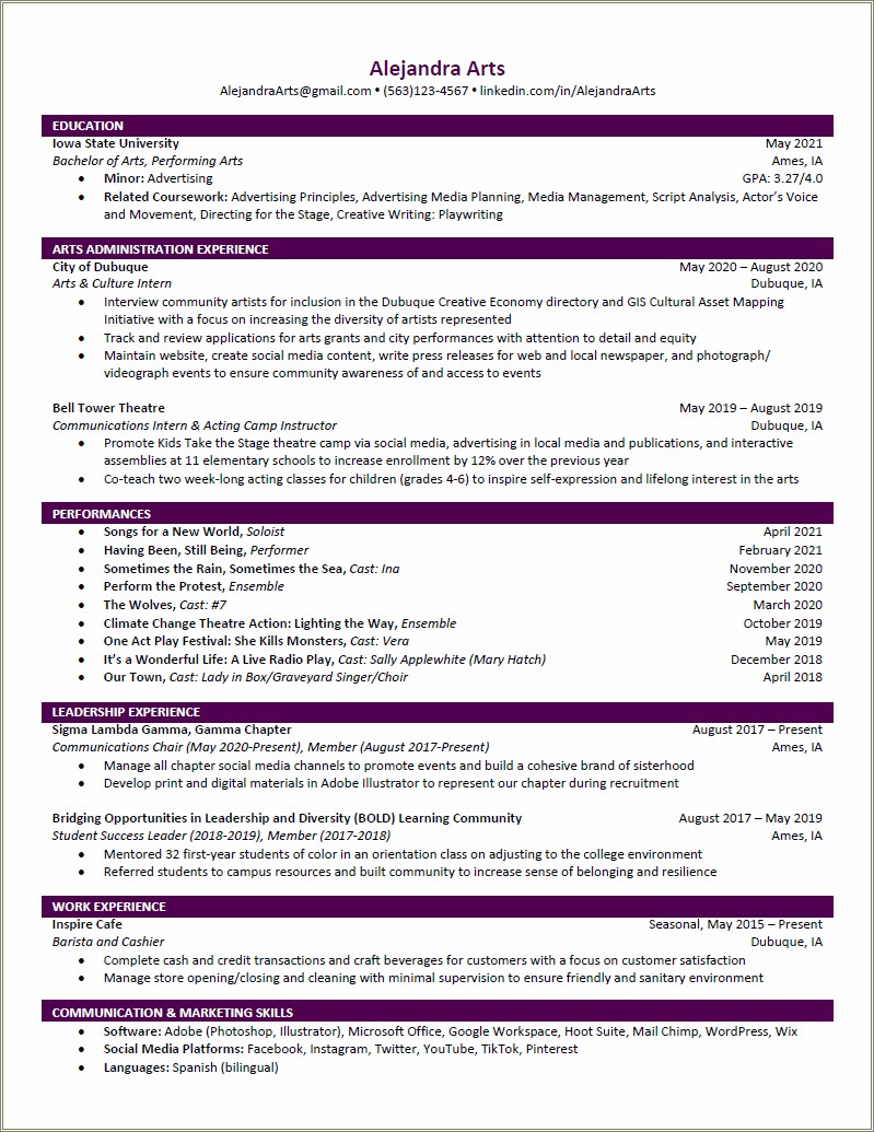 Sample Resume Right Out Of College Theatre