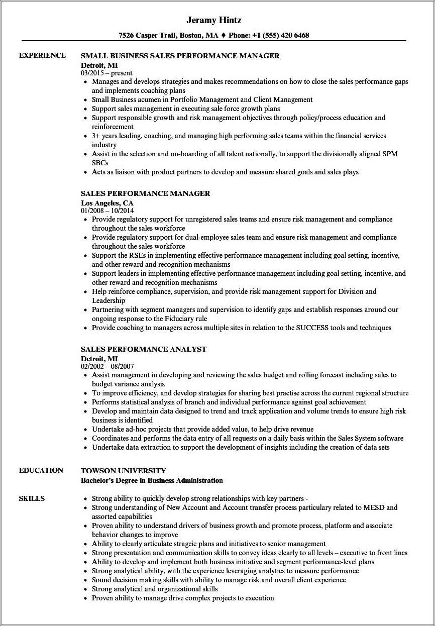 Sample Resume Sales Performance Evaluation Template