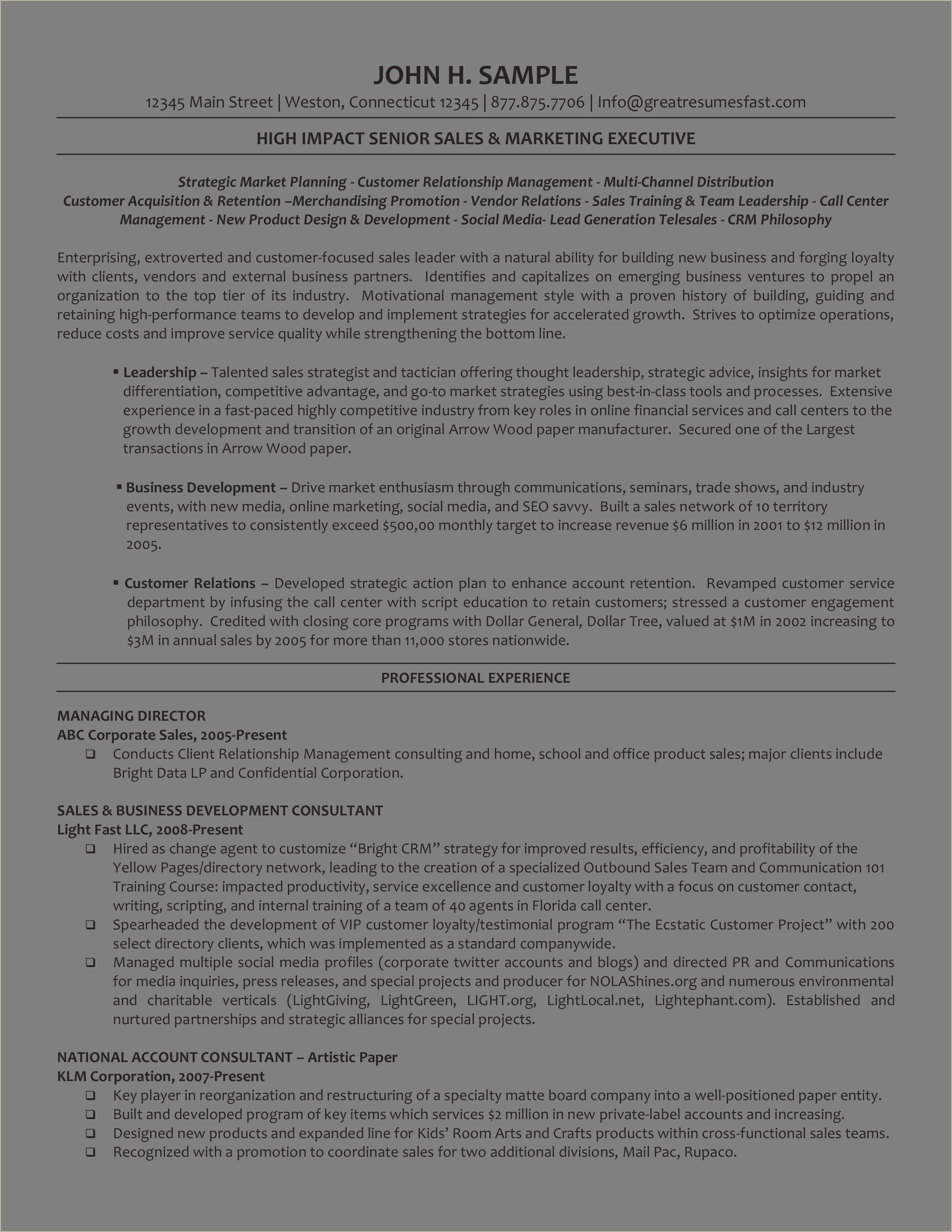 Sample Resume Senior Customer Care Executive