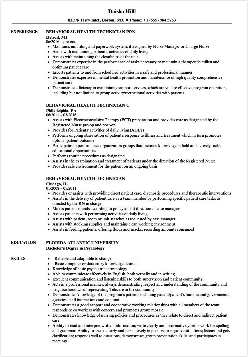 Sample Resume Skills For Behavioral Health Technician