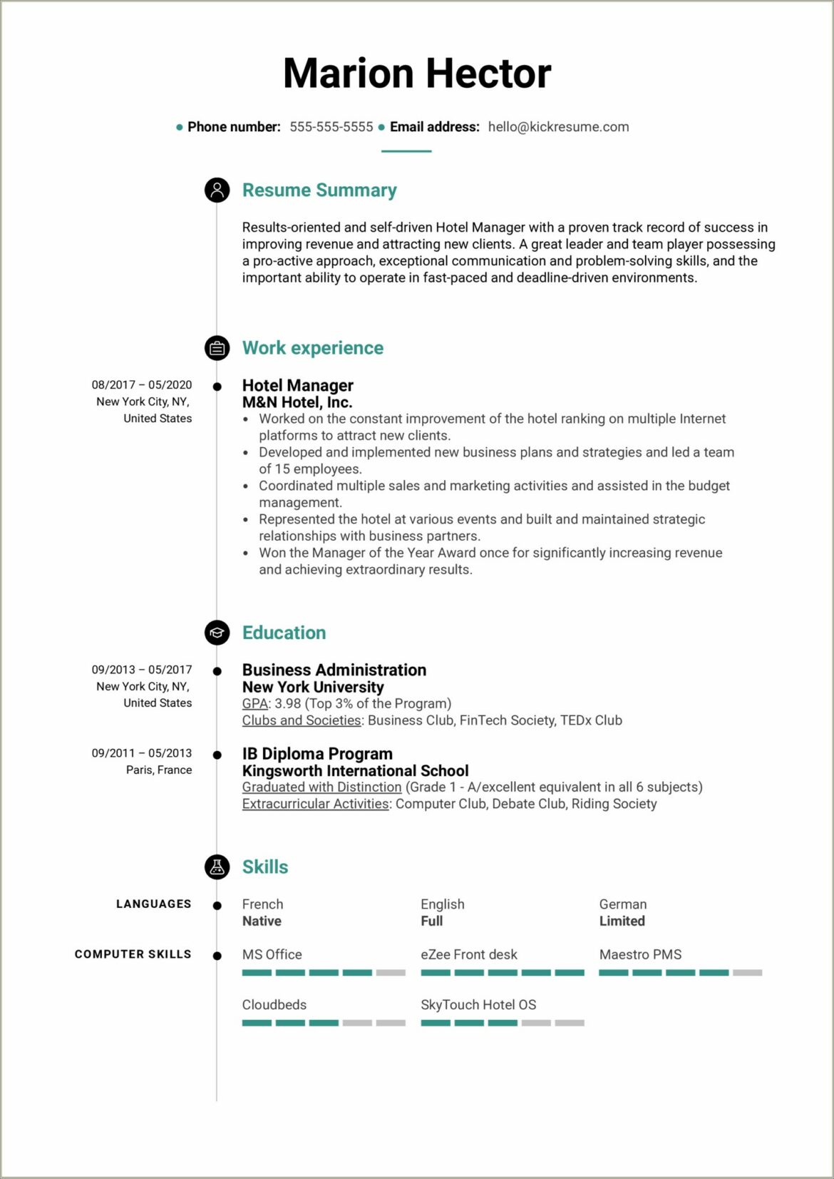 Sample Resume Skills For Hotel And Restaurant Management