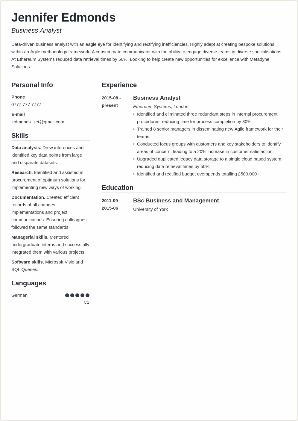 Sample Resume Summary For Business Analyst