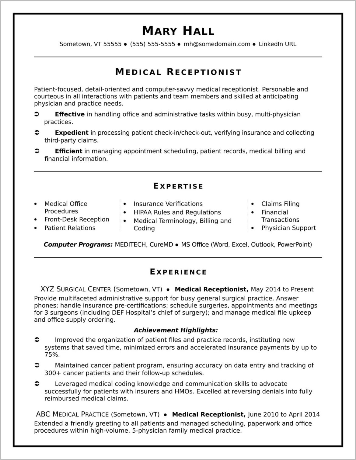 Sample Resume Summary For Patient Services Specialist