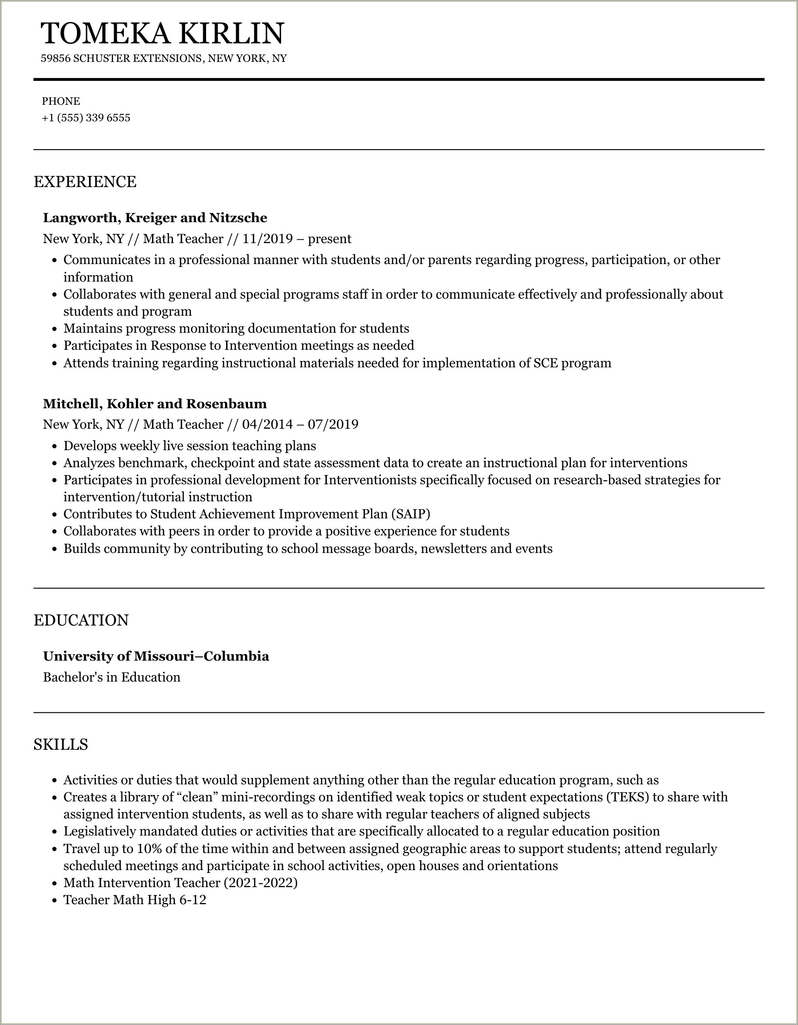 Sample Resume Summer School Math Teacher