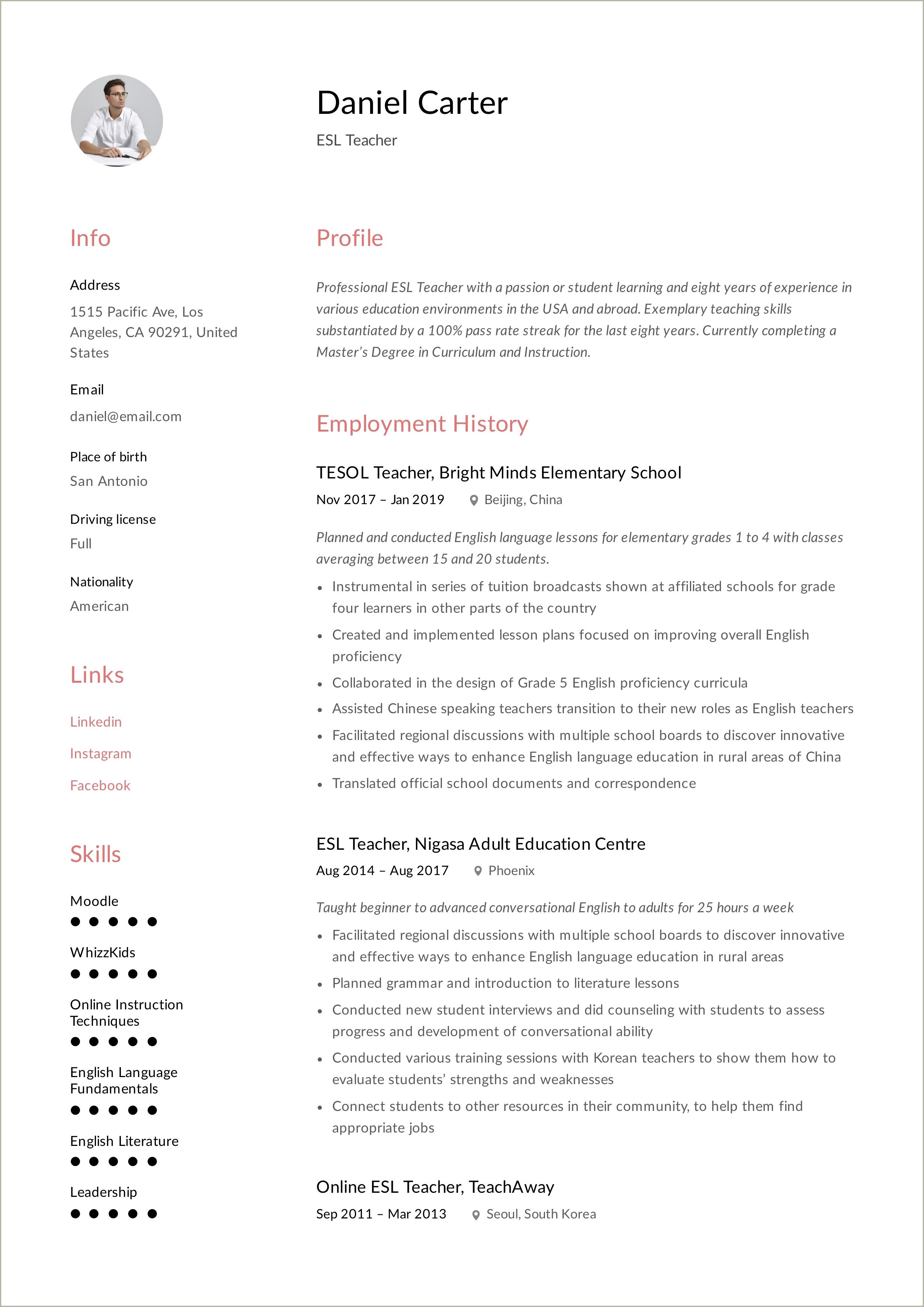 Sample Resume Teaching English As A Second Language