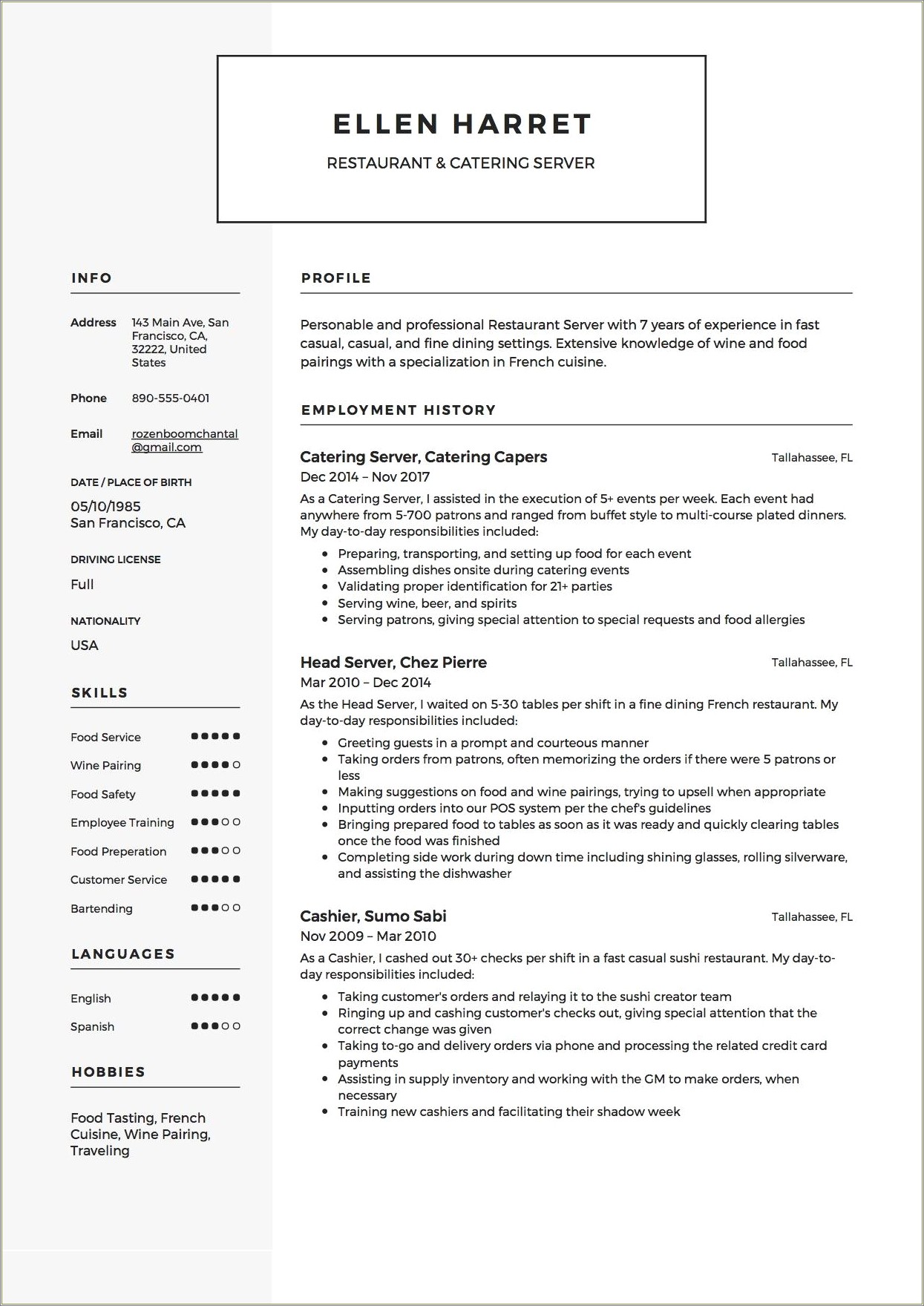 Sample Resume Template For Waitress Server Bartend