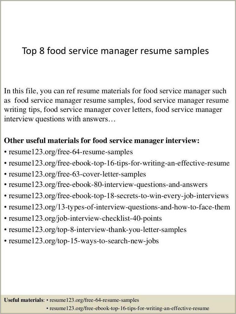 Sample Resume Templates Food Service Manager