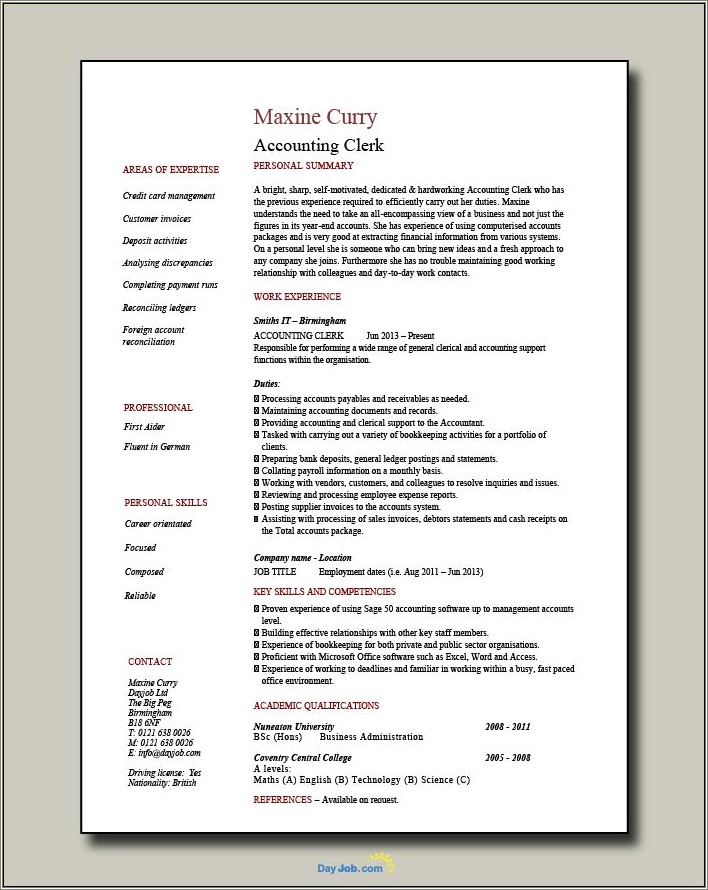 Sample Resume Titles For Accounting Field