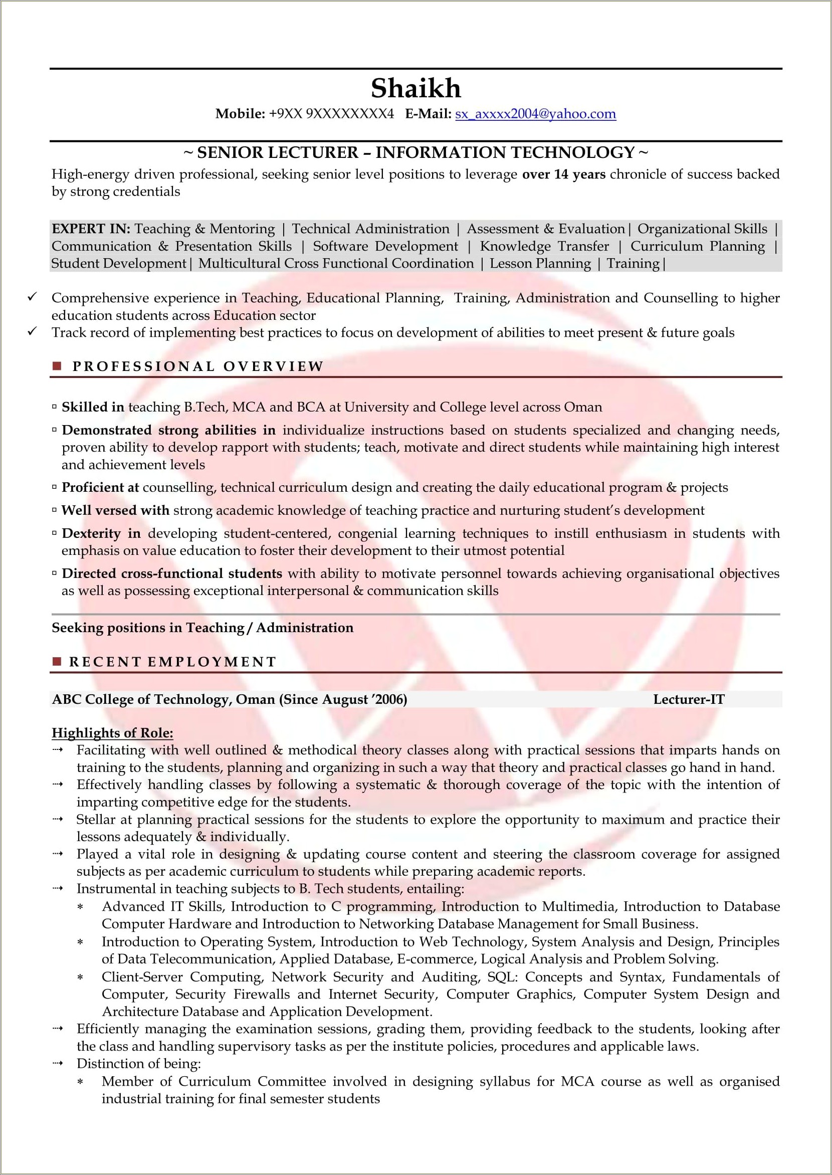 Sample Resume To Apply For Lecturer Post