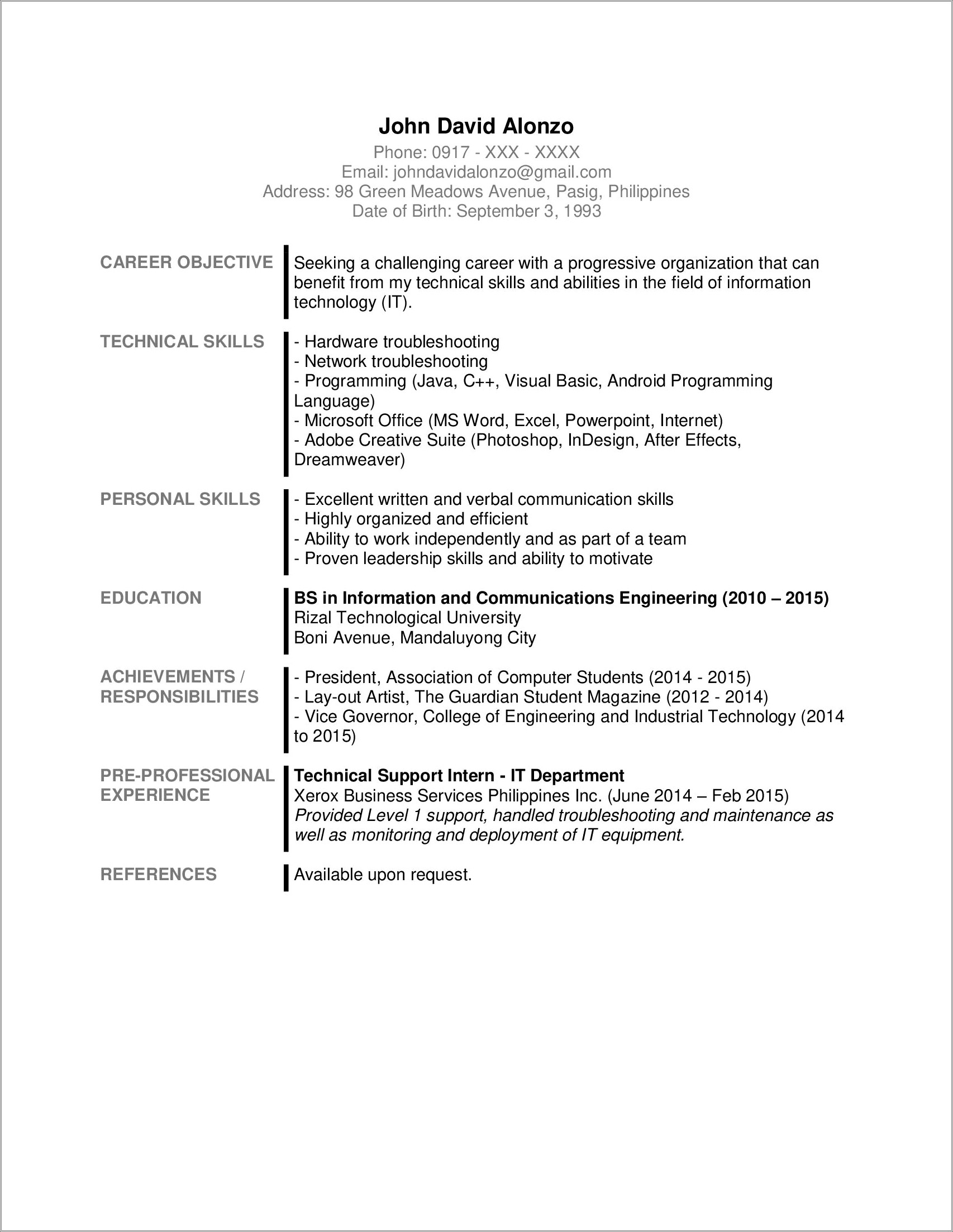 Sample Resume To Get Into College