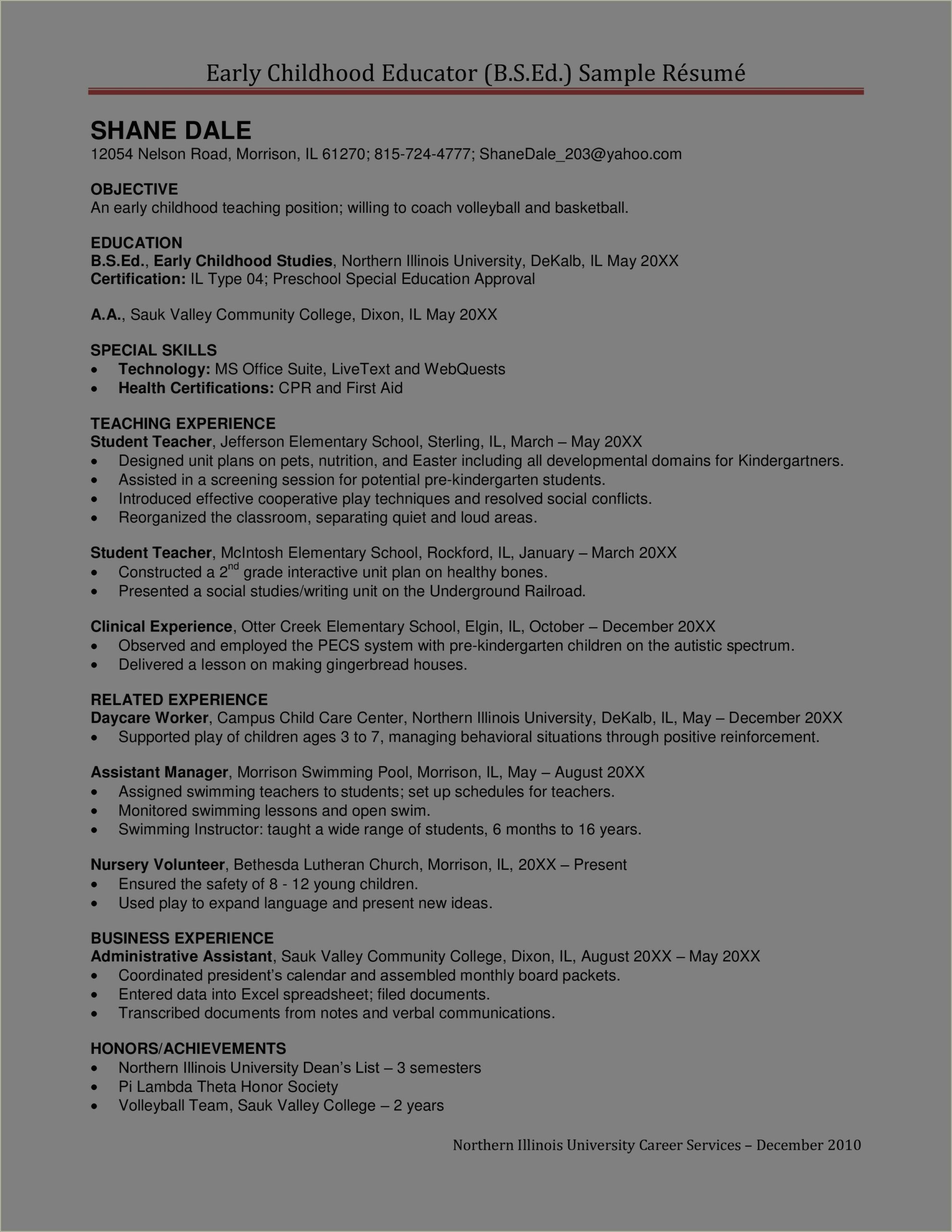 Sample Resume To Work In Childcare