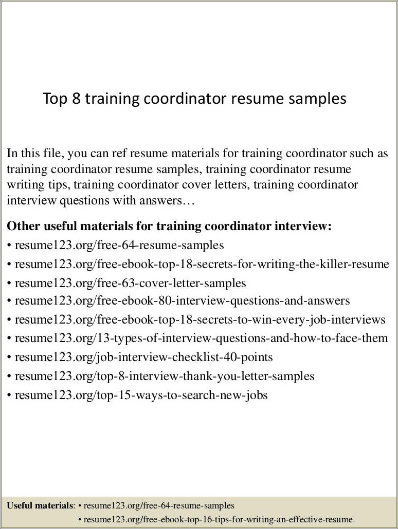 Sample Resume Training Coordinator With Listed