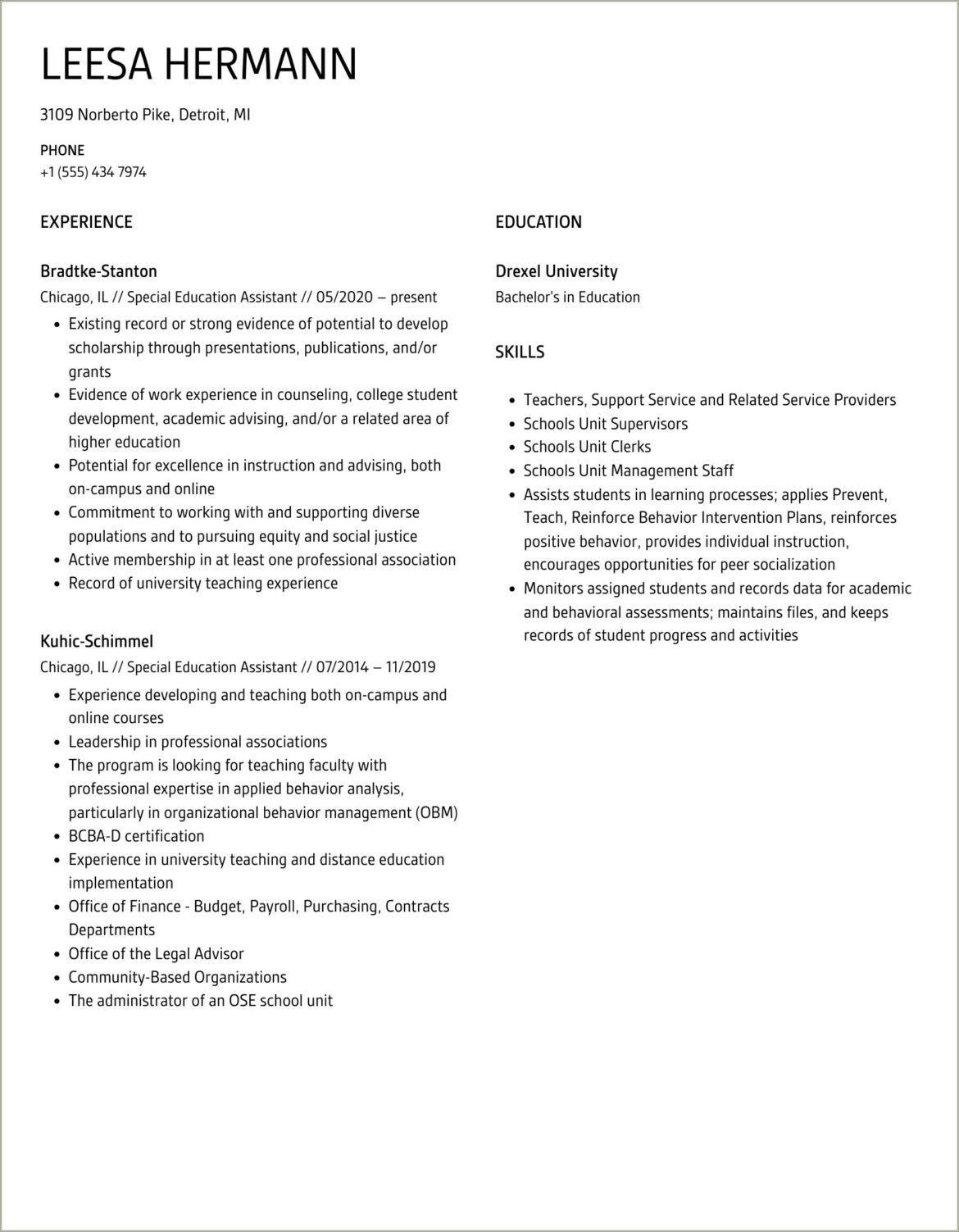 Sample Resume Unit For Special Education Students