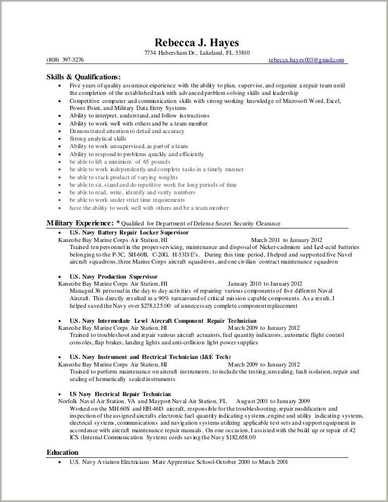 Sample Resume Us Navy Aviation Electrician