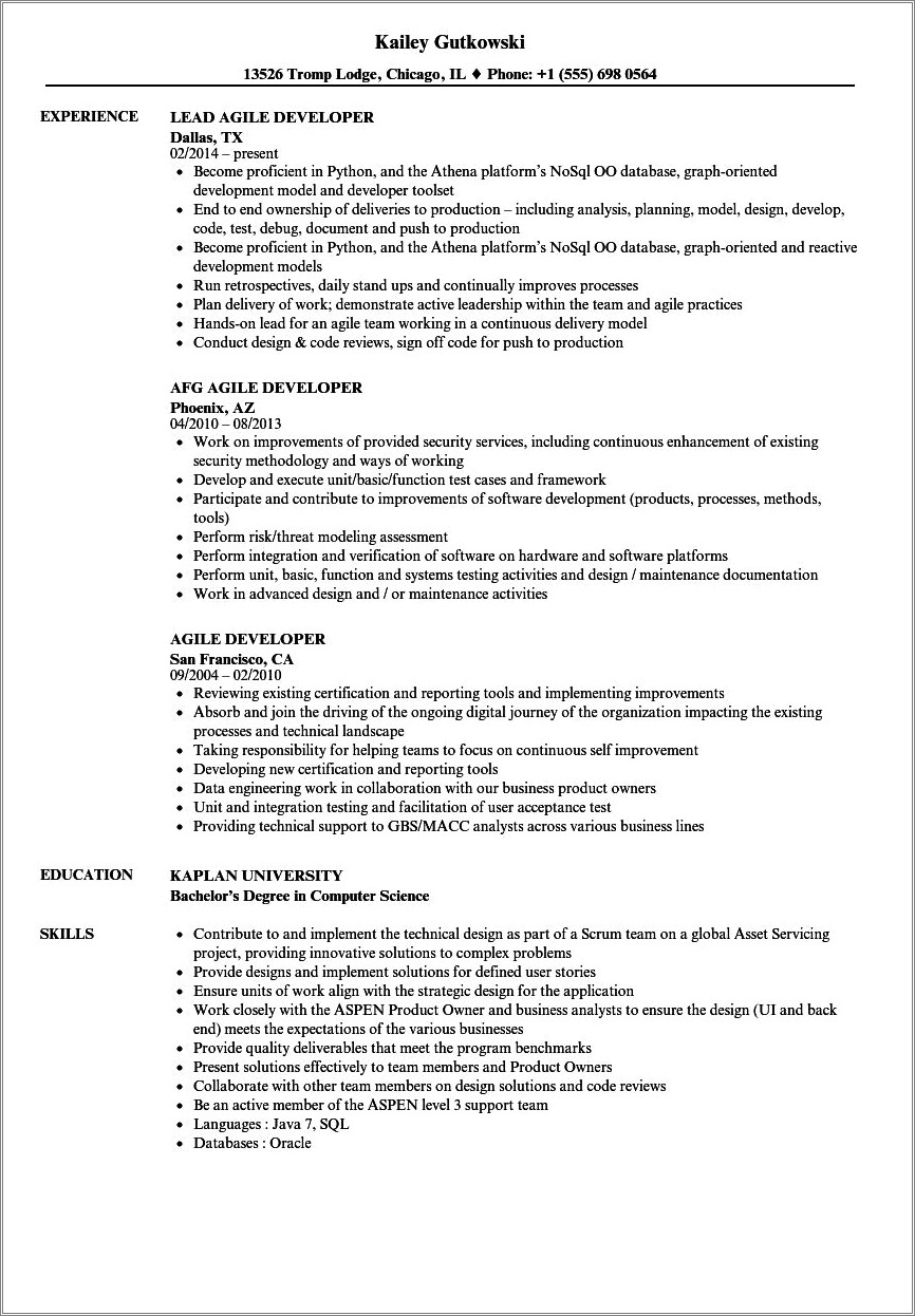 Sample Resume With Agile Experience For Testing