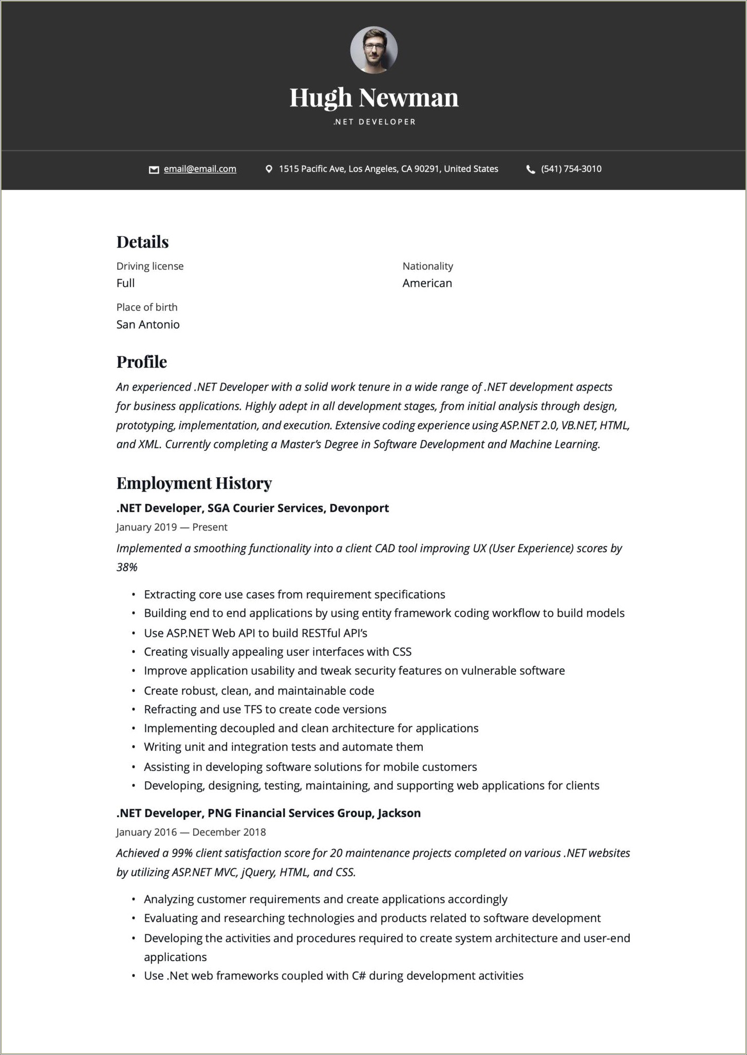 Sample Resume With Asp Net Core Experience