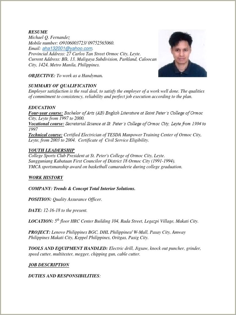Sample Resume With Civil Service Eligibility Philippines