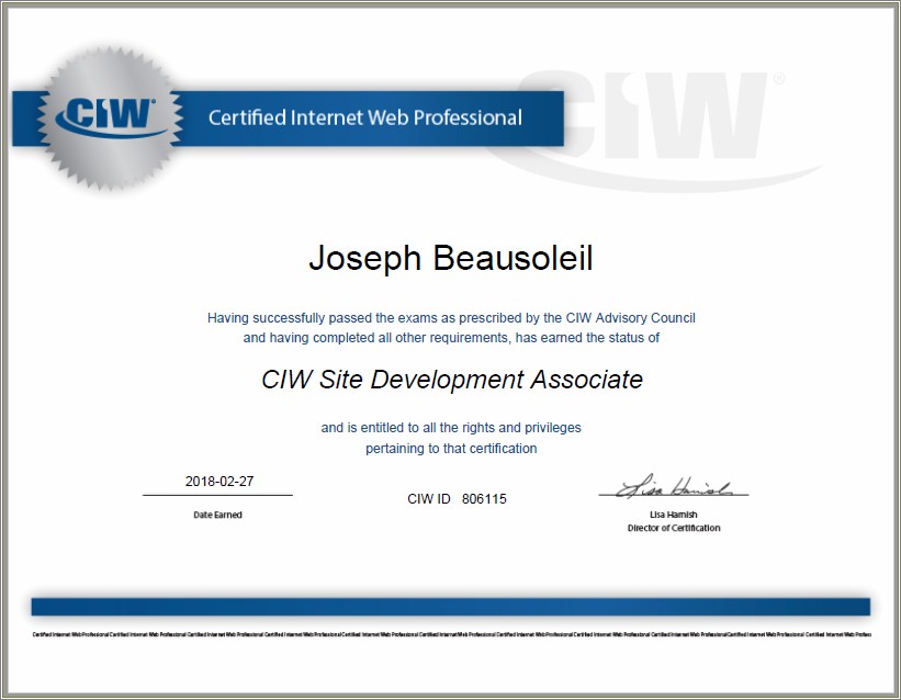 Sample Resume With Ciw Web Development Associate