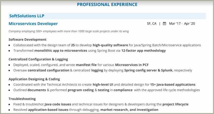 Sample Resume With Experience On Spring Boot