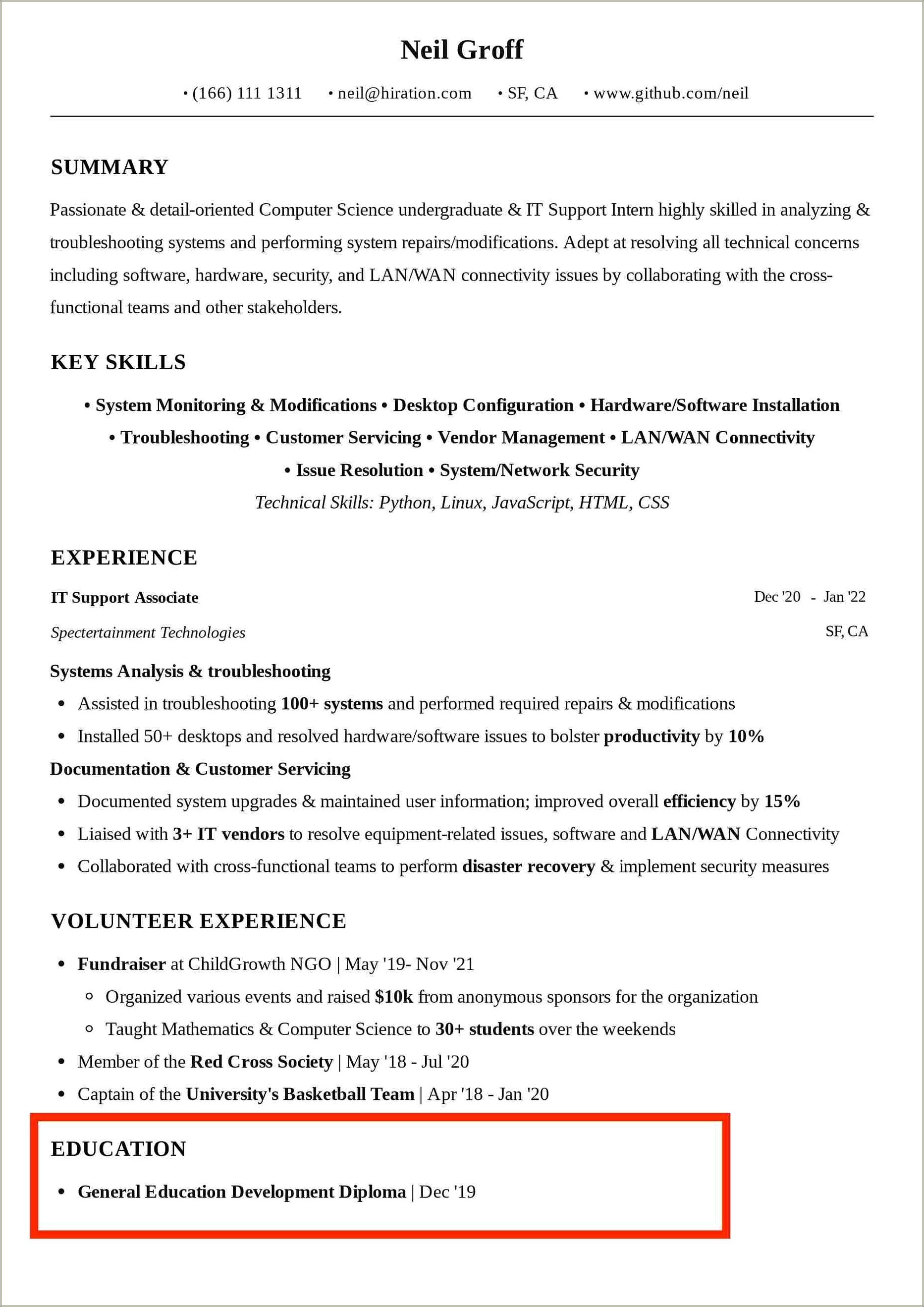 Sample Resume With Ged As Education