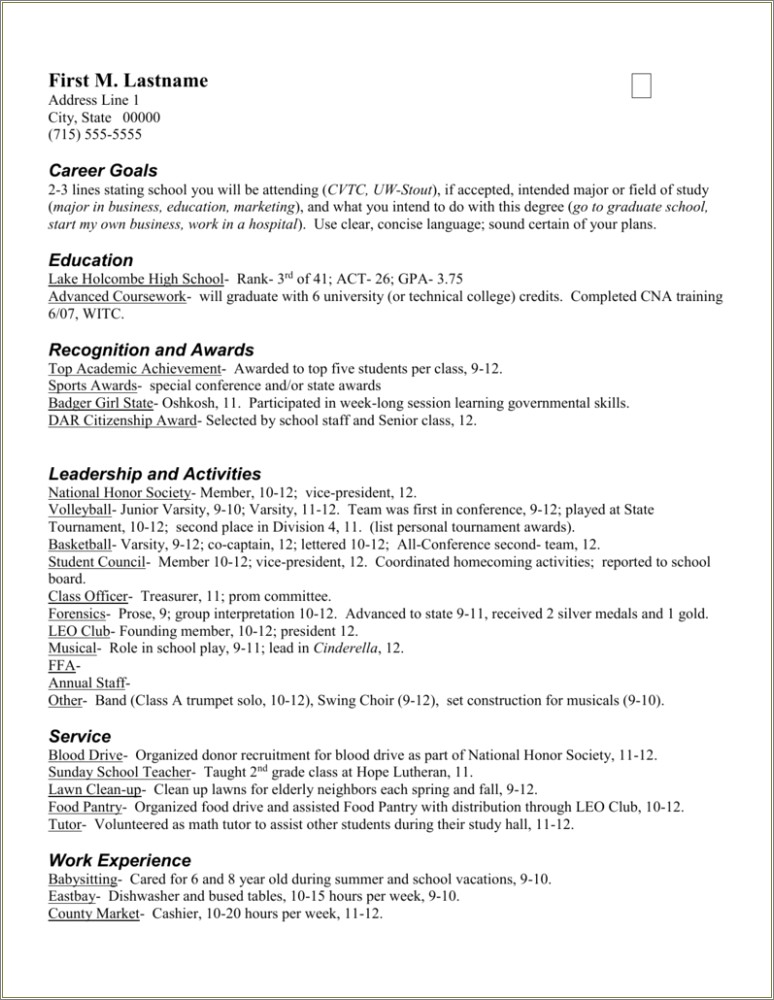 Sample Resume With High School Honors