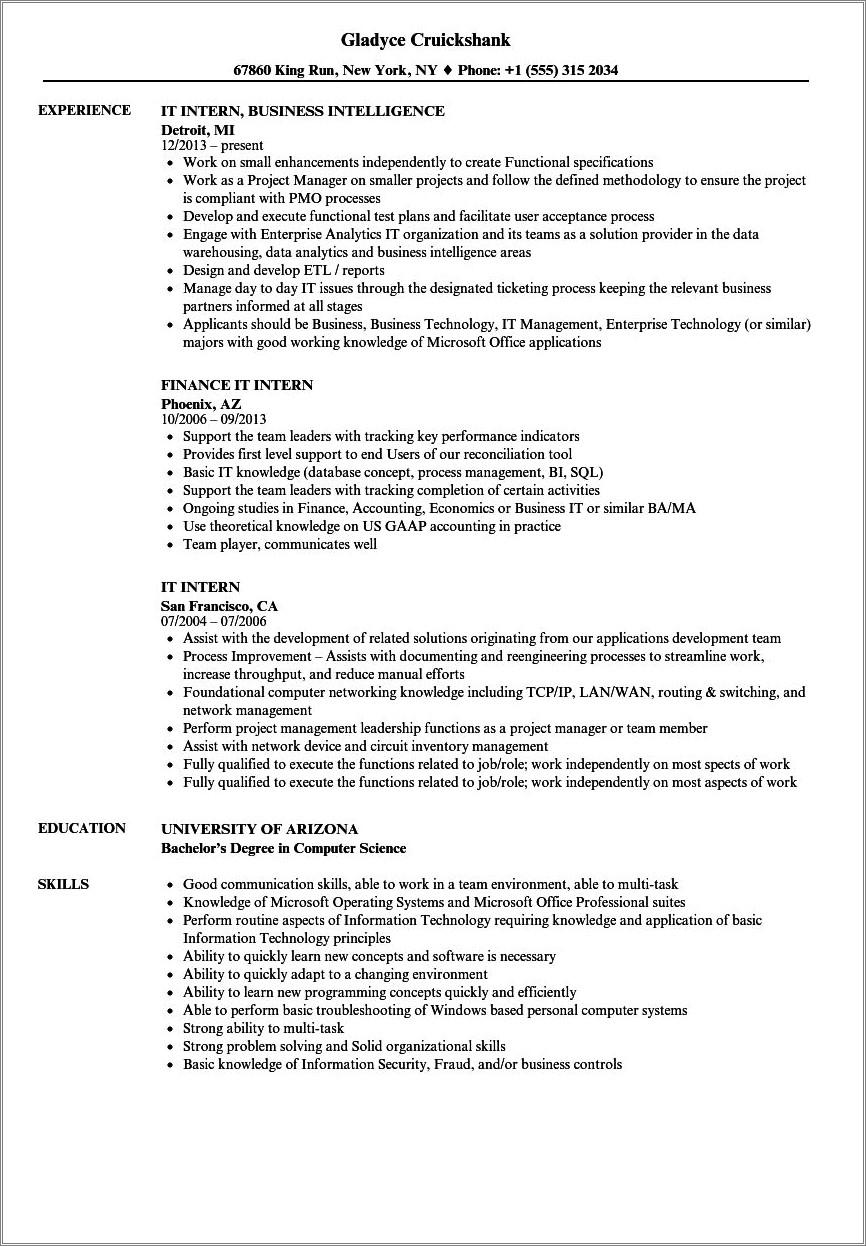 Sample Resume With Masters Degree And Internship