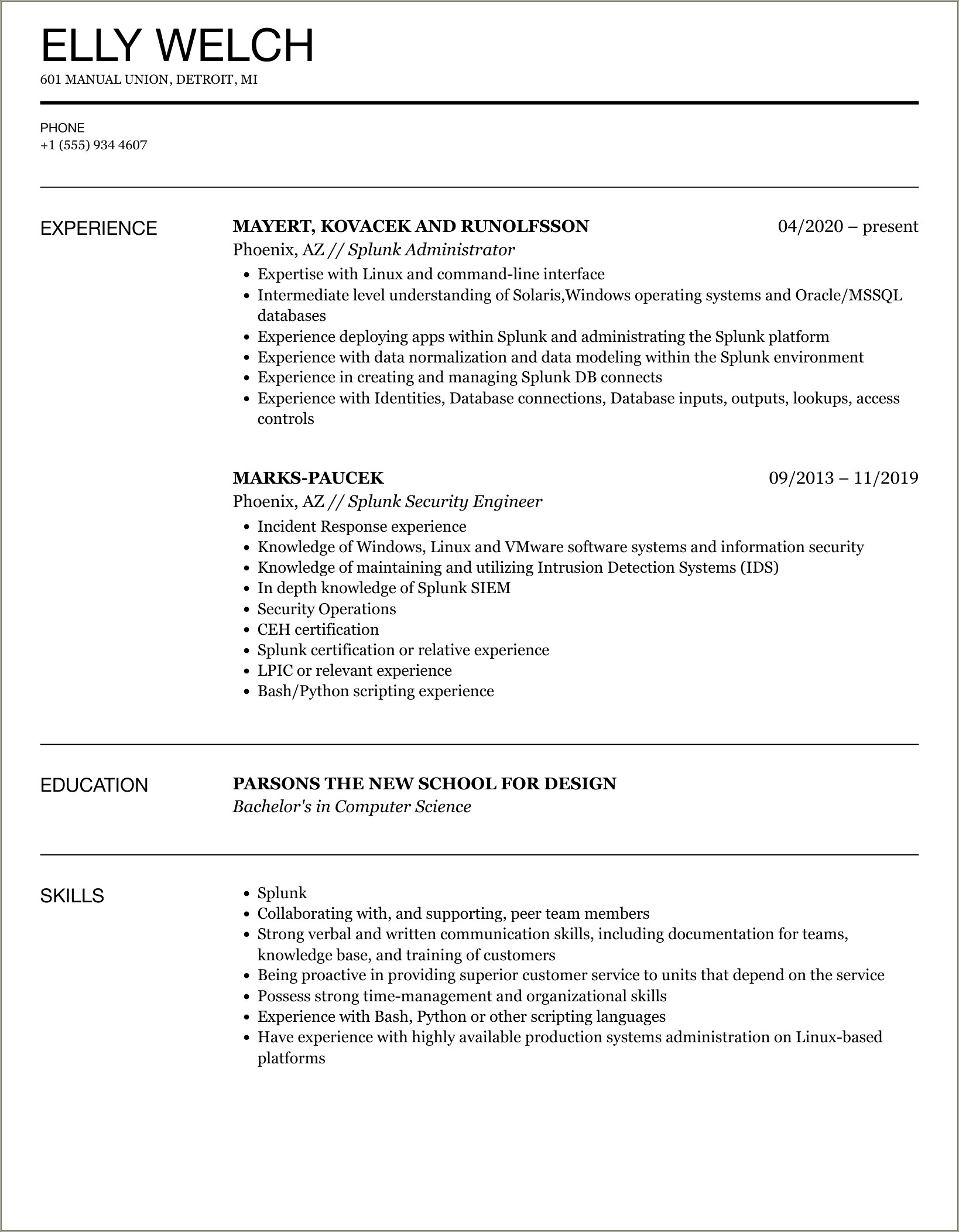 Sample Resume With Splunk And Elk