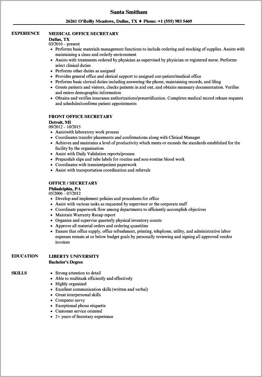 Sample Resume With Work Experience Office Secretary