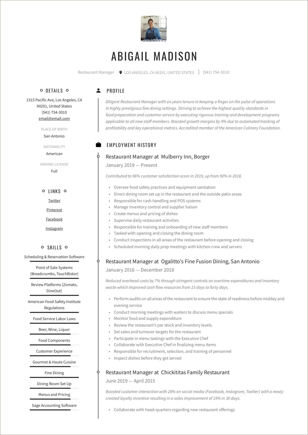 Sample Resumees Of Restruant General Manager