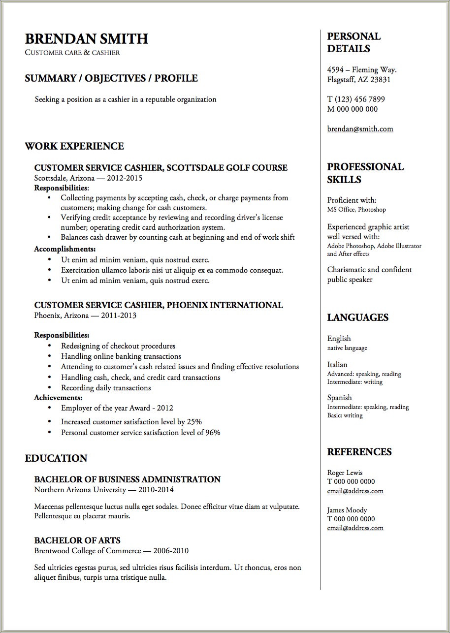 Sample Resumer For Cashier With No Experience