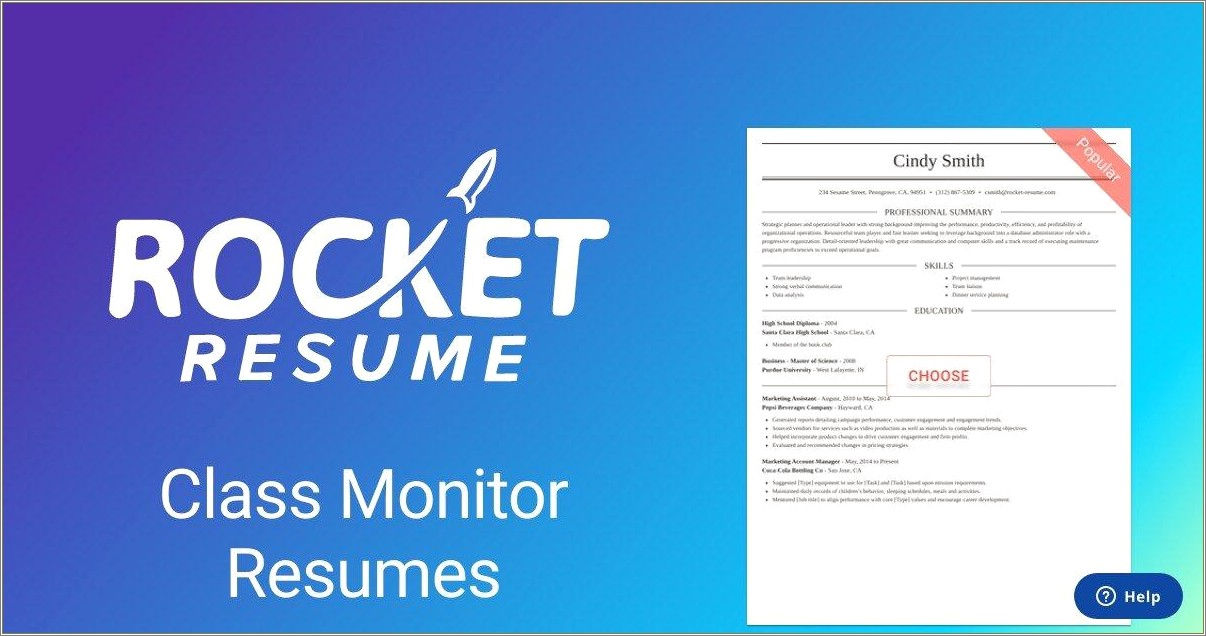 Sample Resumes For A School Monitor