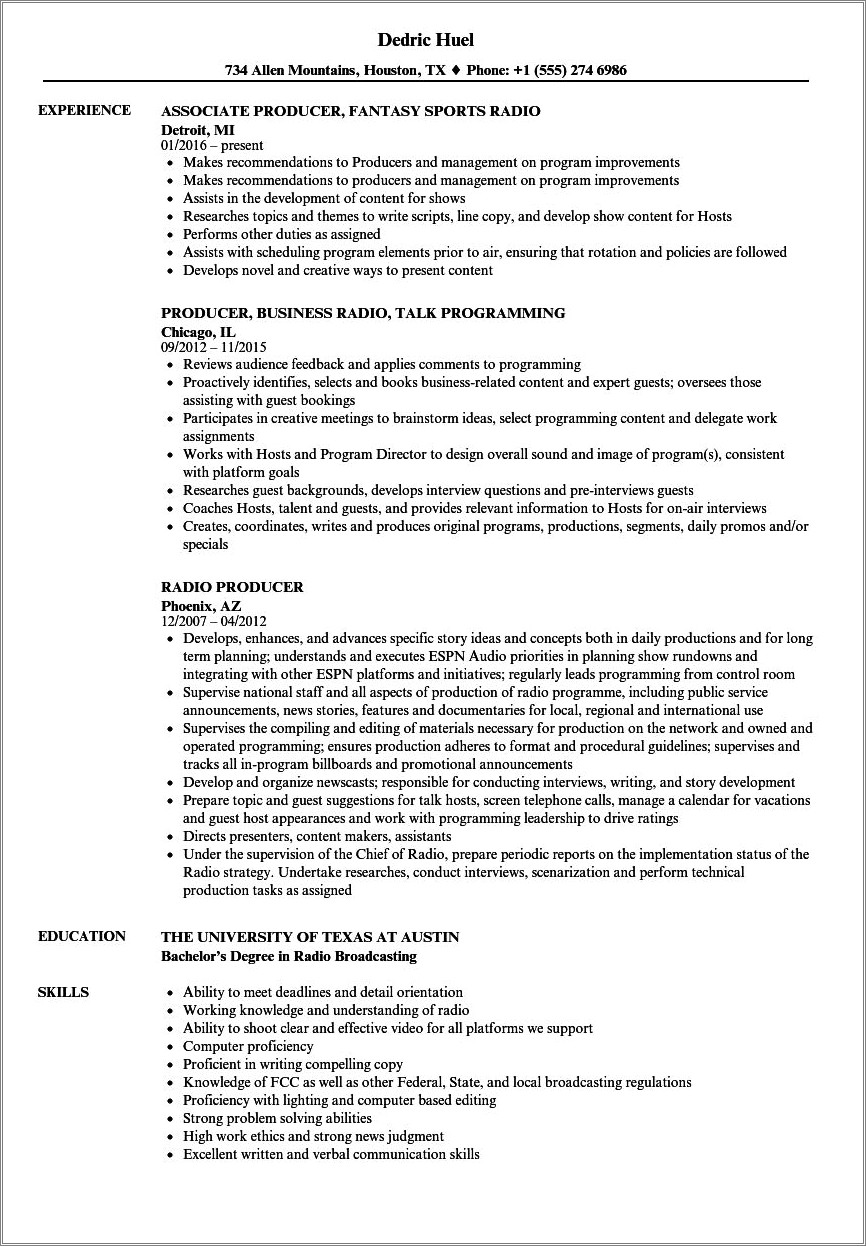 Sample Resumes For Application For Radio Station