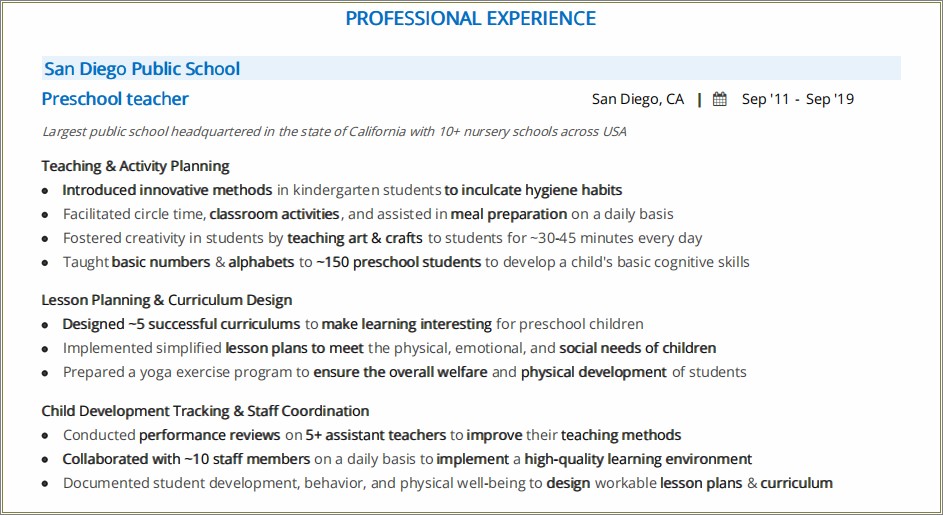 Sample Resumes For Associates Preschool Teachers