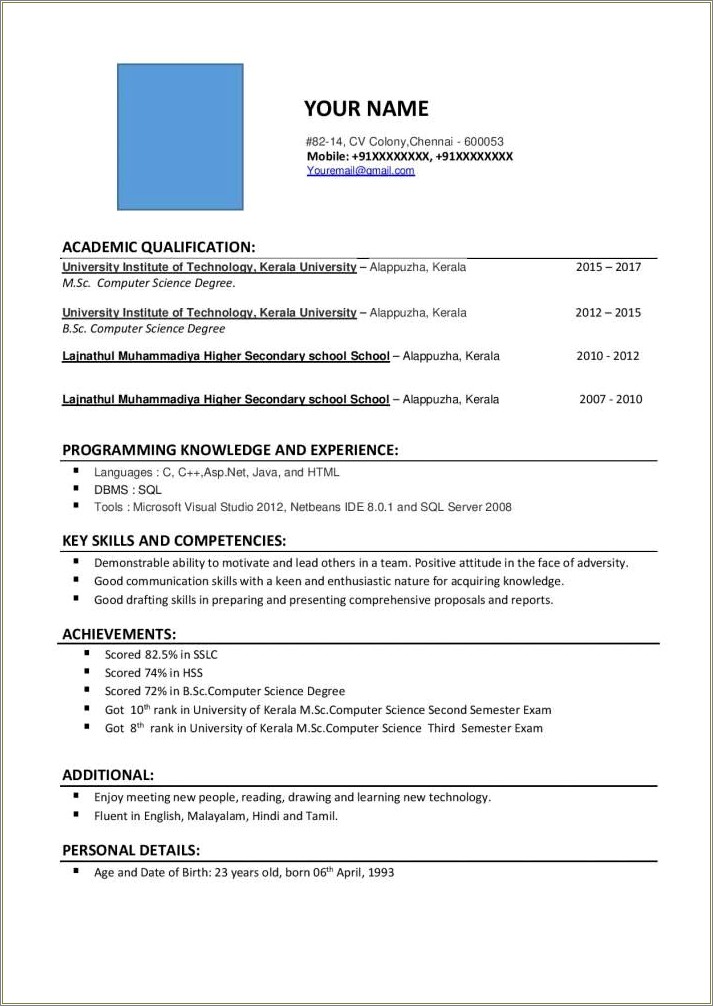 Sample Resumes For Btech Cse Students