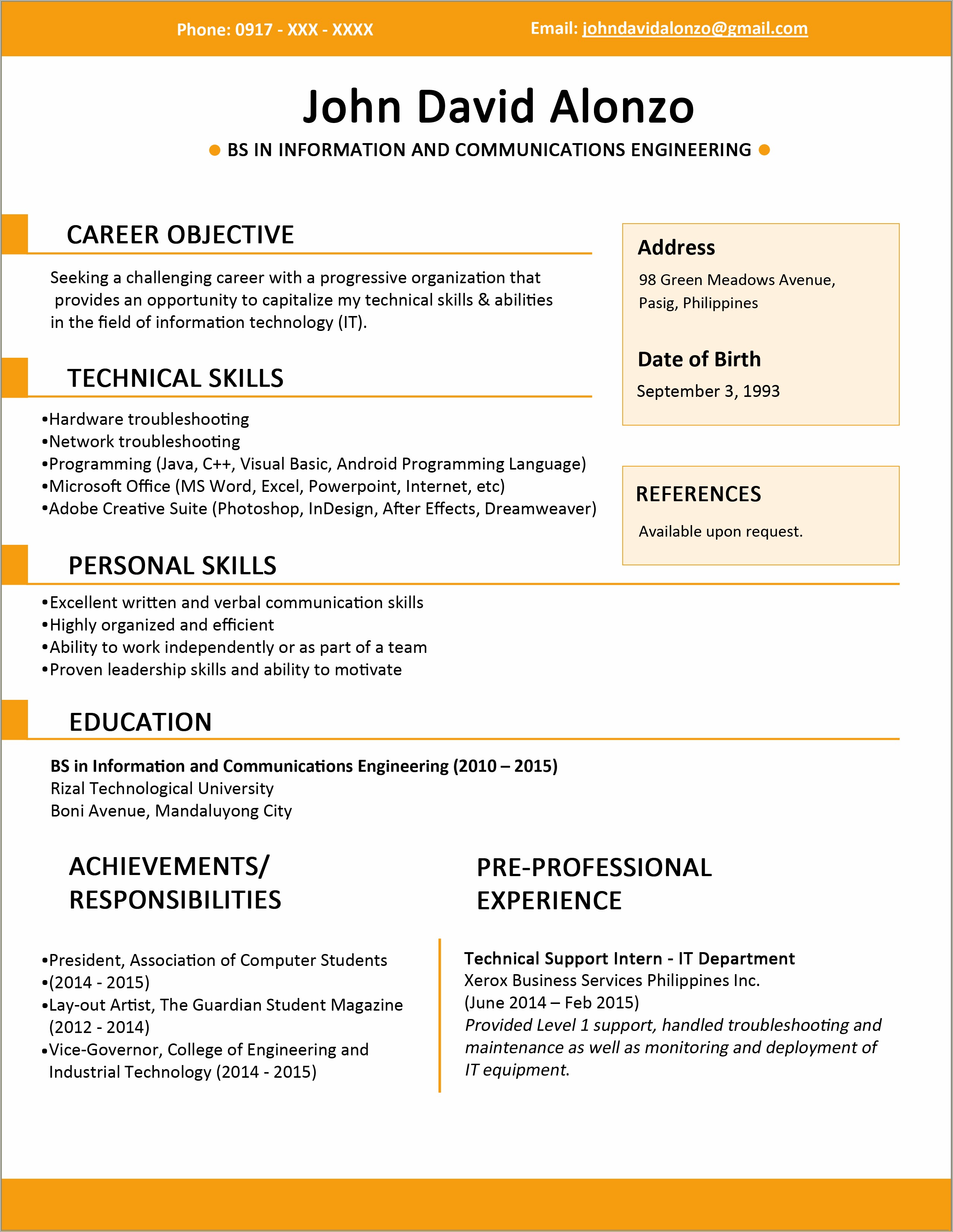 Sample Resumes For Engineering Students Pdf