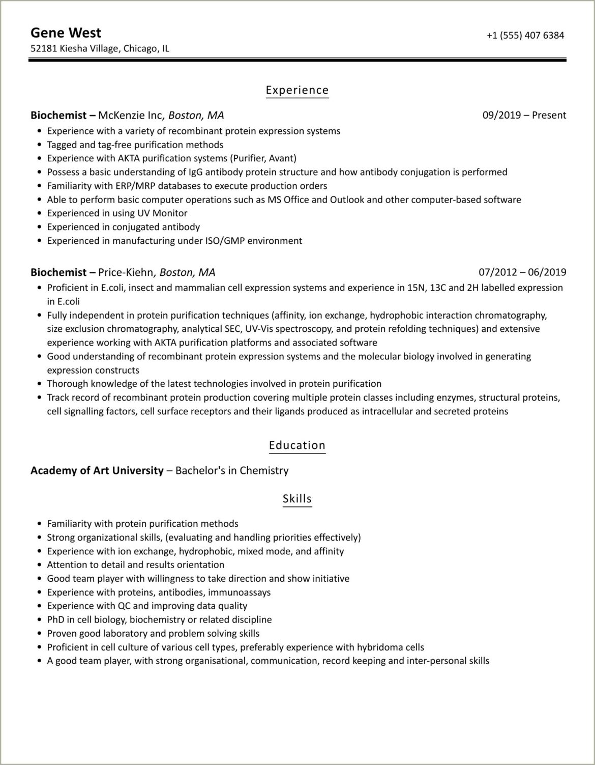 Sample Resumes For Entry Level Biochemists
