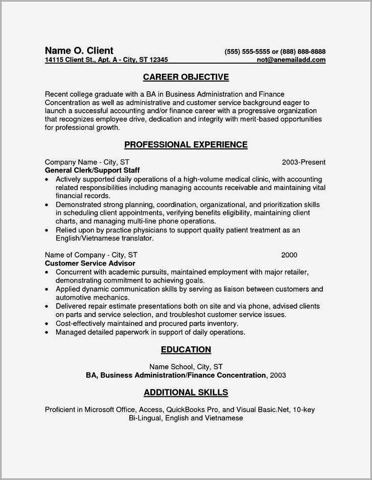 Sample Resumes For Finacnial Entry Level Psotiions