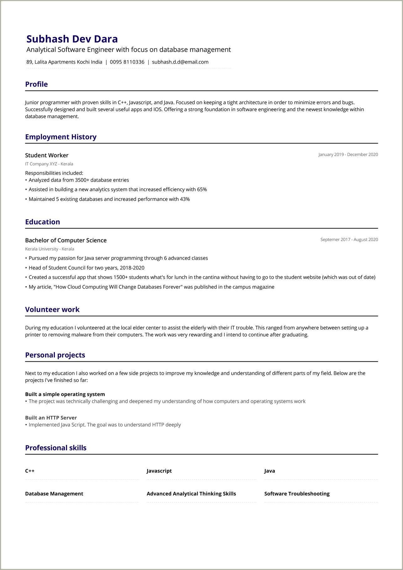 Sample Resumes For Freshers With Academic Projects