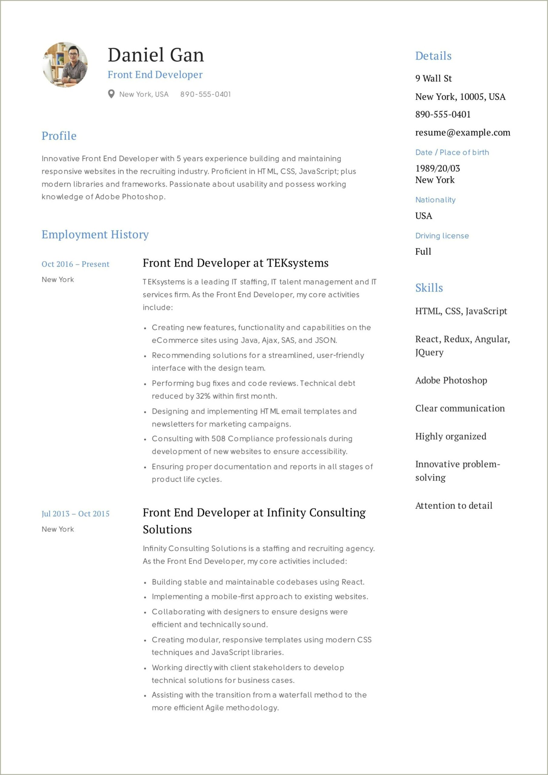 Sample Resumes For Front End Developer With Unix