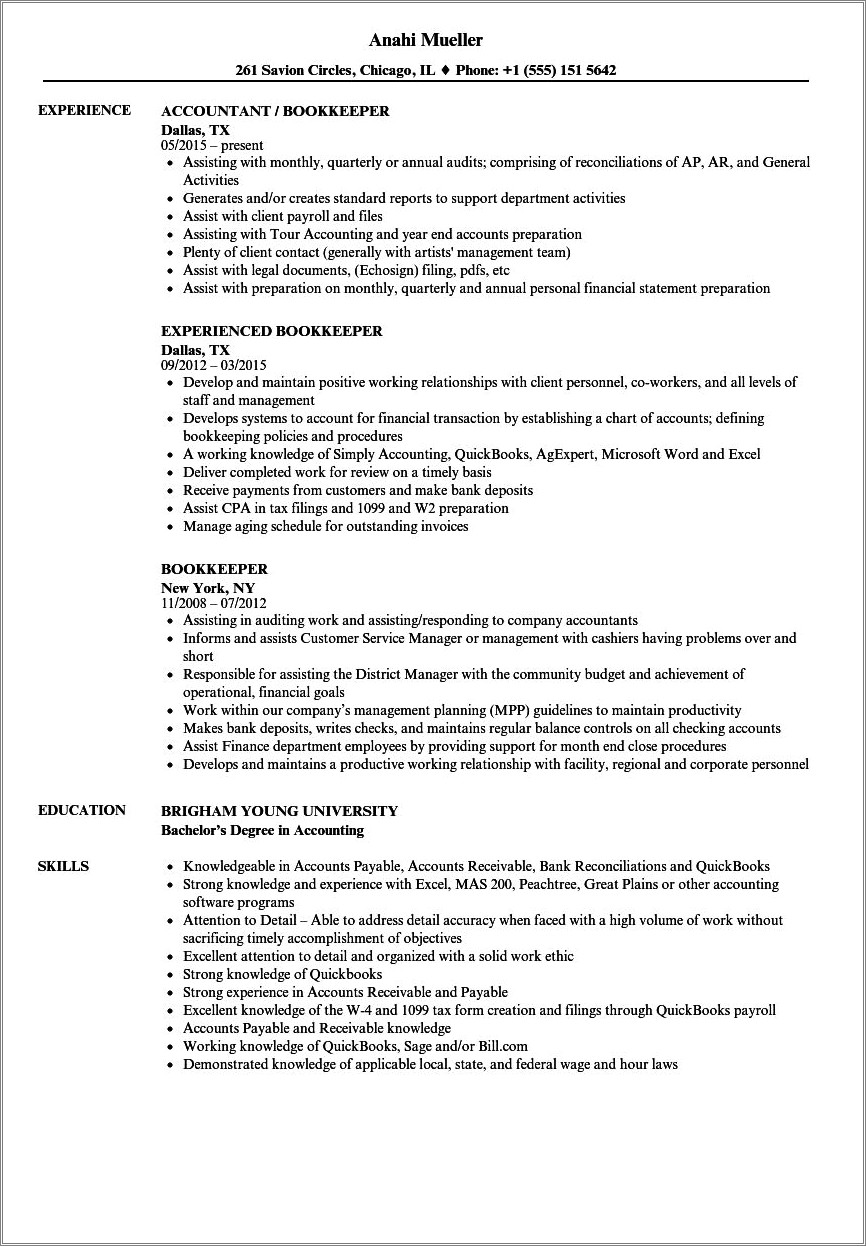 Sample Resumes For Full Charge Bookkeepers