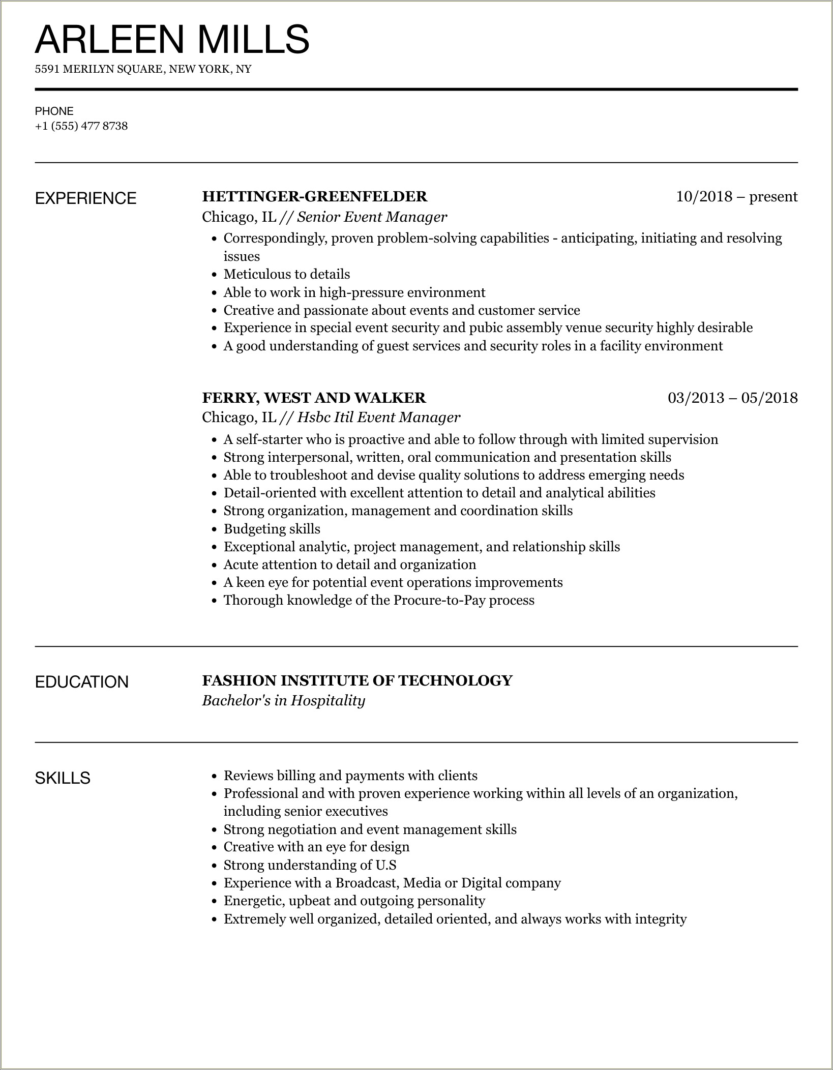 Sample Resumes For Hospitality Managers And Event Managers