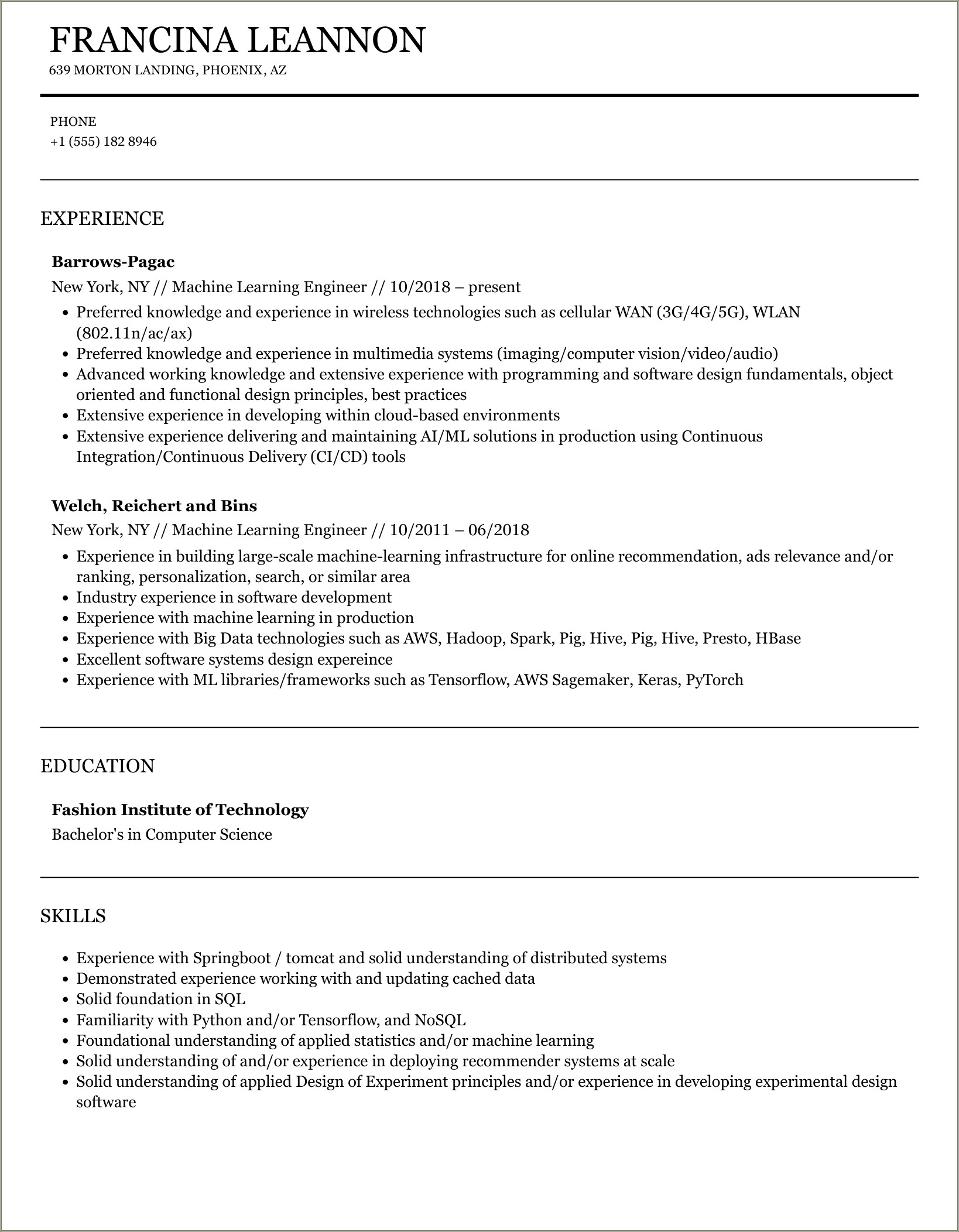 Sample Resumes For Machine Learnign Jobs