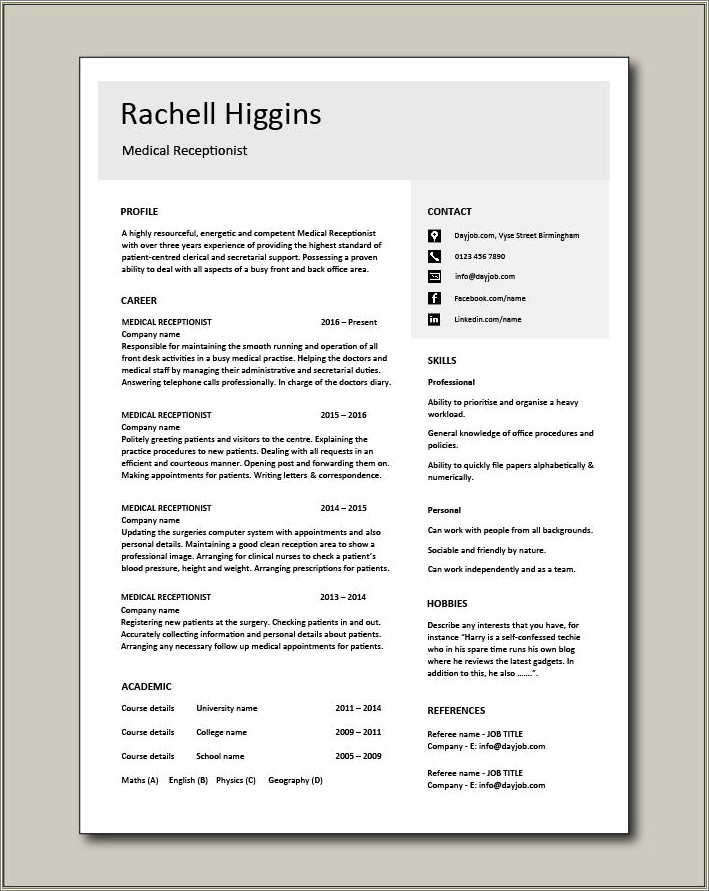 Sample Resumes For Receptionist In Medical Offices