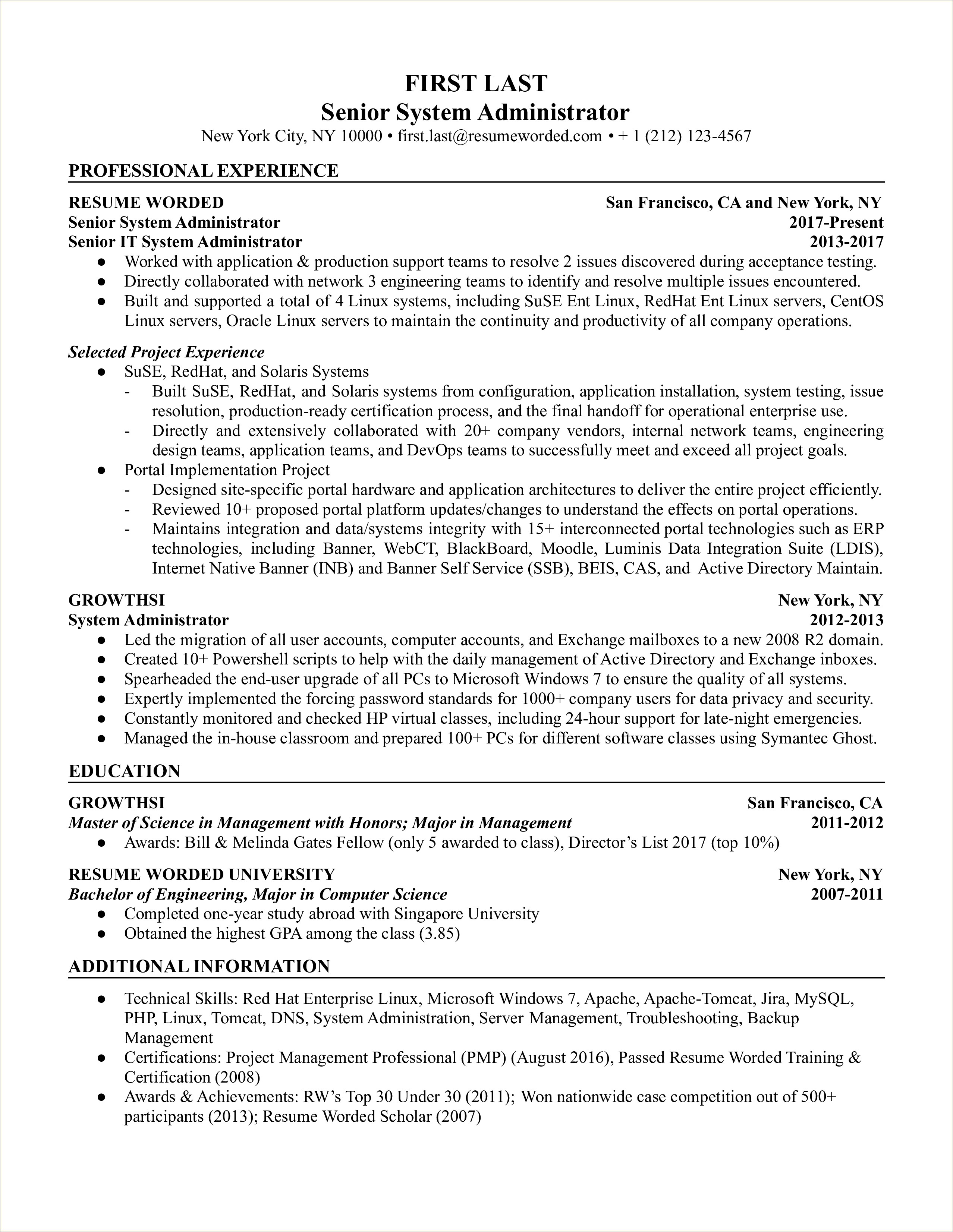 Sample Resumes For Senior System Admin