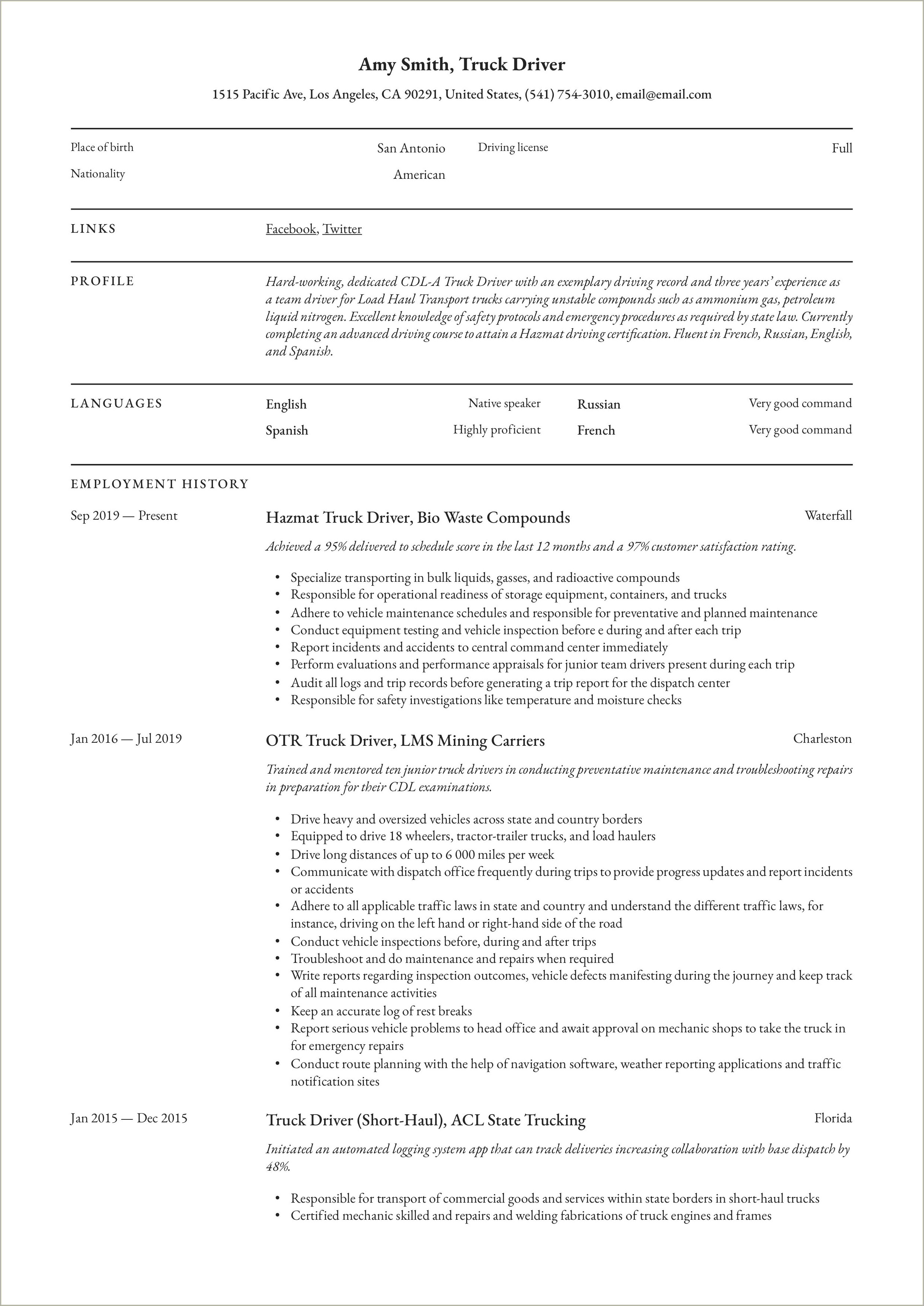 Sample Resumes For Truck Driving Jobs