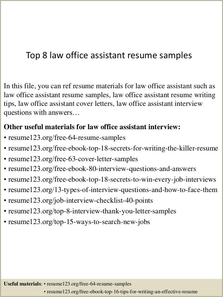 Sample Resumes In Legal Office As Office Assistant