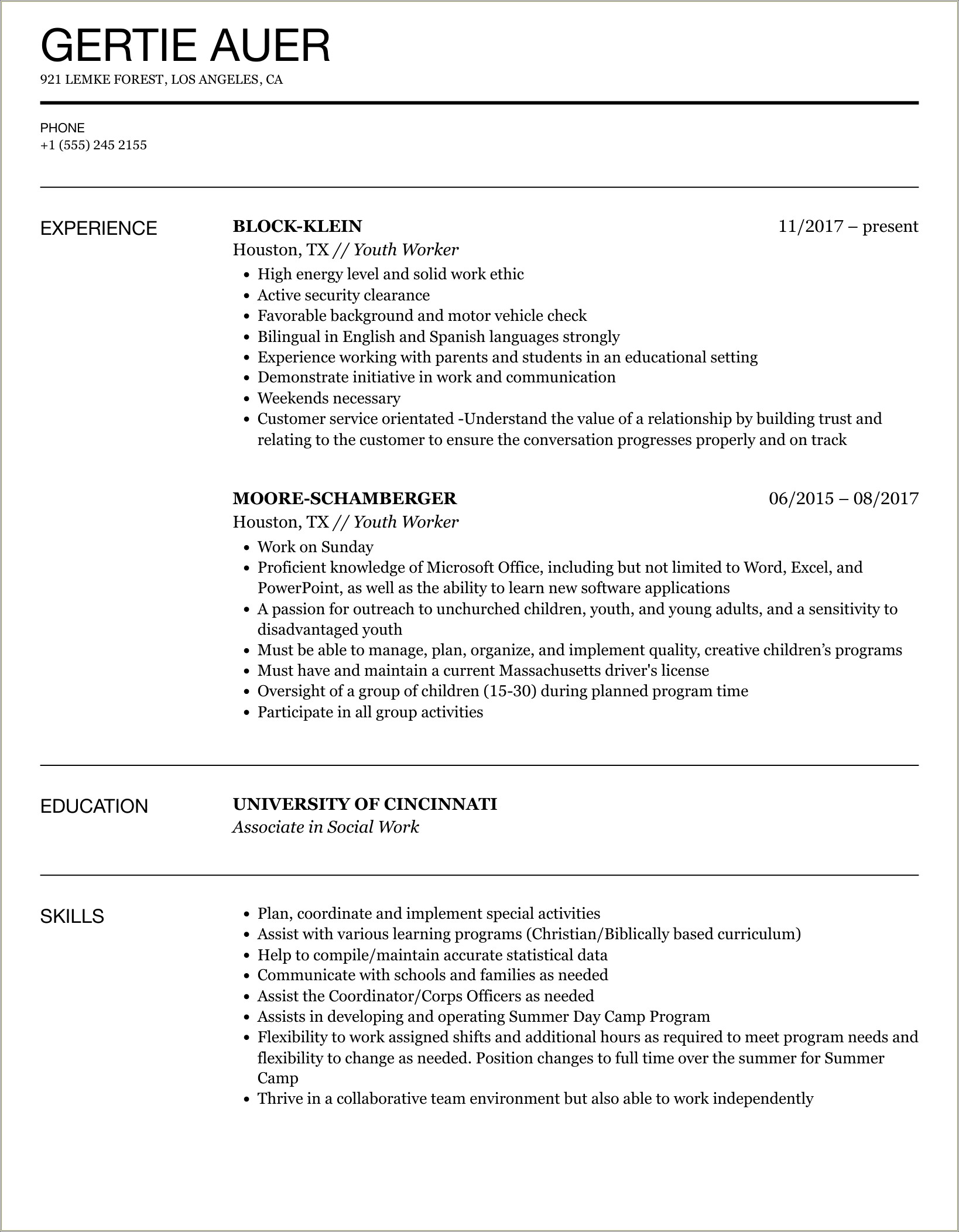 Sample Resumes On Working With Youth