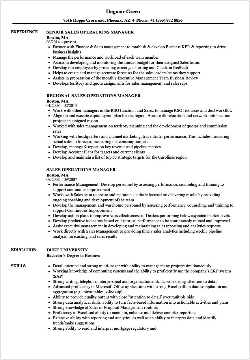 Sample Sales And Operations Manager Resume